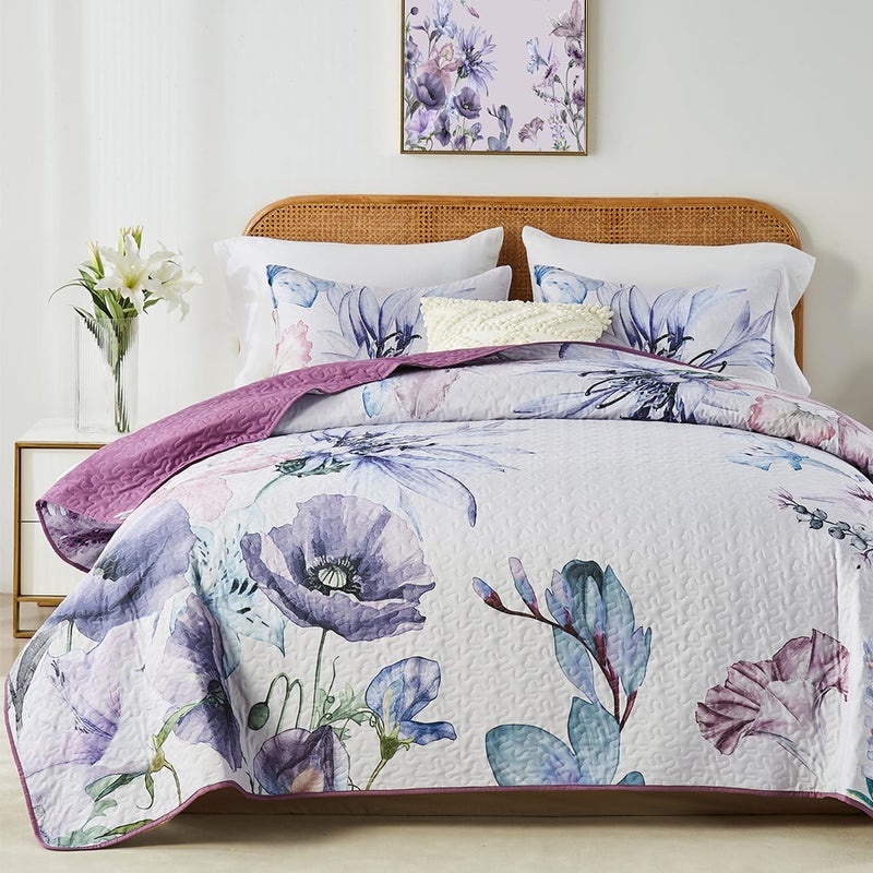 Yogeneg King Size Quilt Set  Elegant Floral Botanical Pattern Purple Bedding Set 3 Piece Lightweight Soft Summer Bedspread Coverlet with 2 PIillow Sham for All Season(Purple Floral 110""x96"") - Image 1